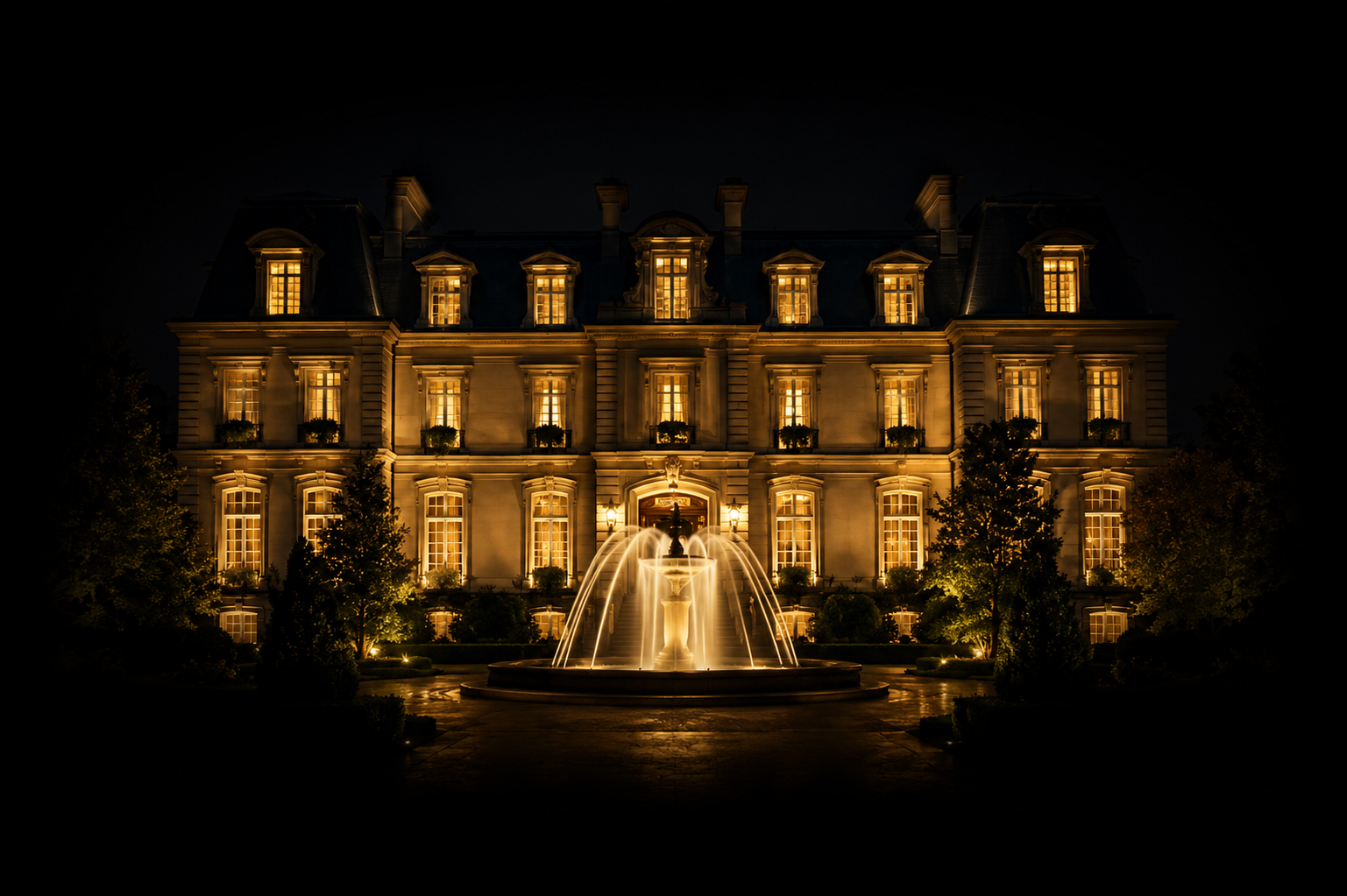 Un grand hôtel élégant illuminé de nuit avec une fountain au premier plan dans un jardin soigné.