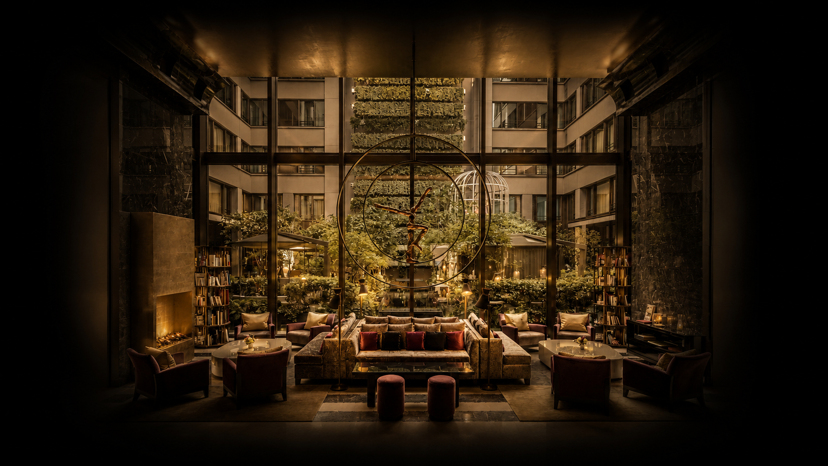 Une grande salle de séjour dans un hôtel ou un centre de loisirs avec vue sur un jardin intérieur. Il y a un grand mur de verre derrière lequel on voit des arbres et des plantes. Au centre, une horloge moderne suspendue avec des chiffres stylisés, entourée de fauteuils et canapés en velours, ainsi que des étagères remplies de livres. La scène est chaleureuse et élégante, avec une ambiance cosy et sophistiquée.