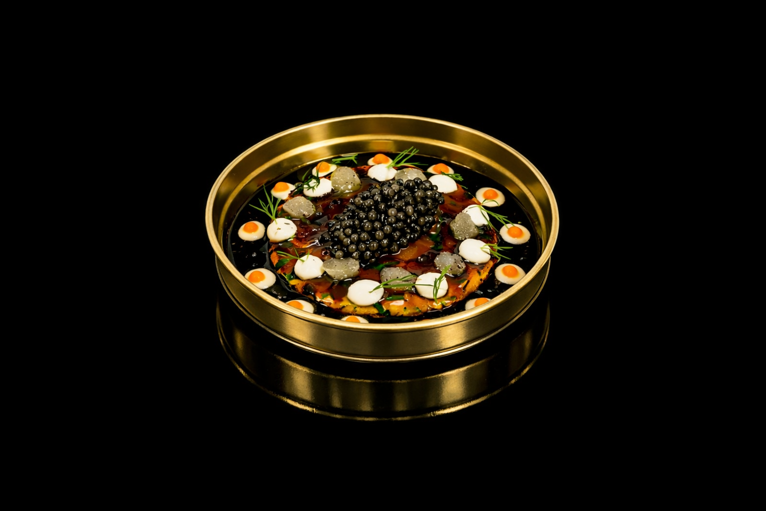 Présentation élégante d'un plat gastronomique dans une boîte en or, décoré de petites perles noires, oeufs de caille, petits légumes, et herbes, sur fond noir