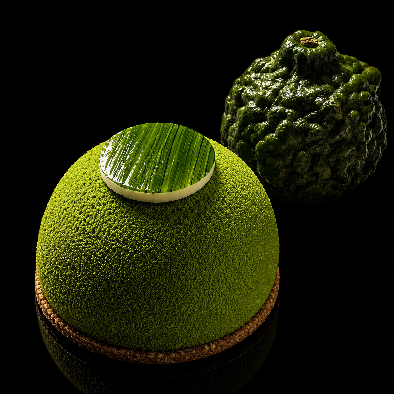 Gâteau décoré avec une surface verte rappelant un céleri ou un brocoli, avec un disque en glaçage vert à motifs de feuilles, et deux autres éléments verts en relief, un ressemblant à un poivron ou une courge, sur un fond noir.