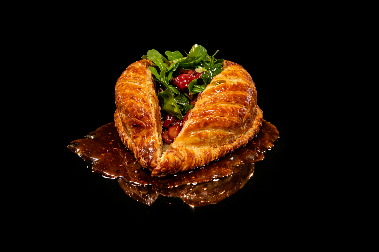 Pâté en croûte doré, ouvert pour révéler une garniture de légumes verts et de fruits rouges, avec une sauce foncée et brillante sous l'entremets, sur un fond noir.