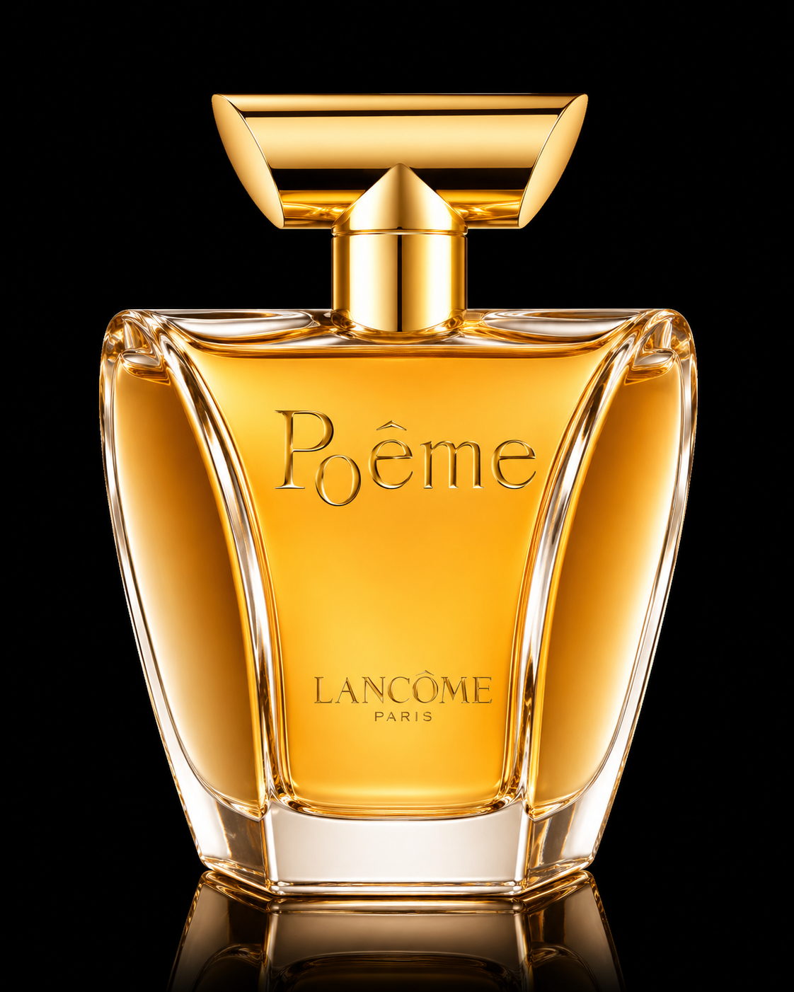 Une bouteille de parfum dorée et transparente avec le nom 'Poême', marque Lancôme, devant un fond noir.