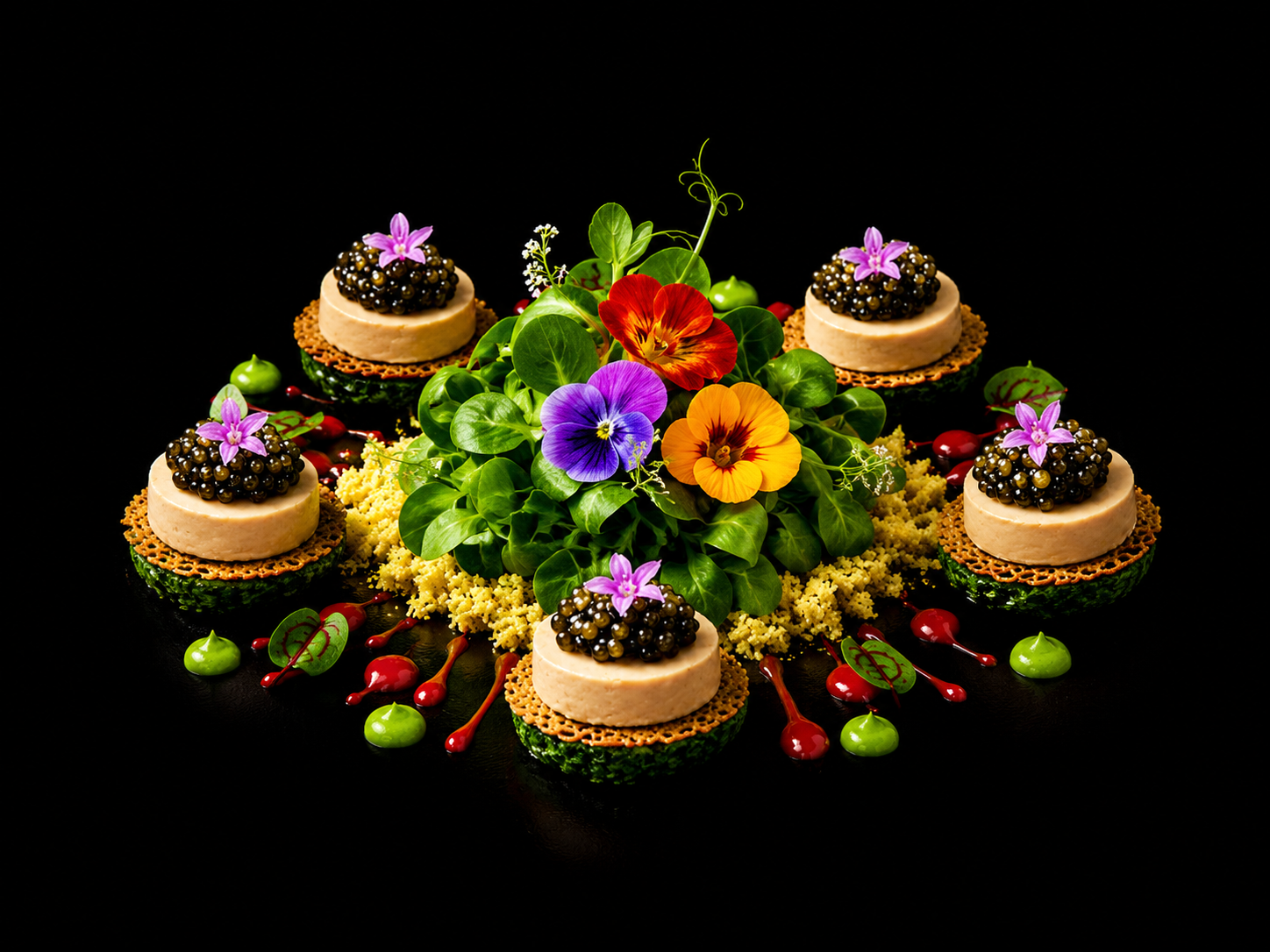 Assiette élégante de petits desserts garnis de perles noires, entourée de fleurs violettes, jaunes et orange, avec des feuilles vertes et des décorations colorées sur un fond noir.