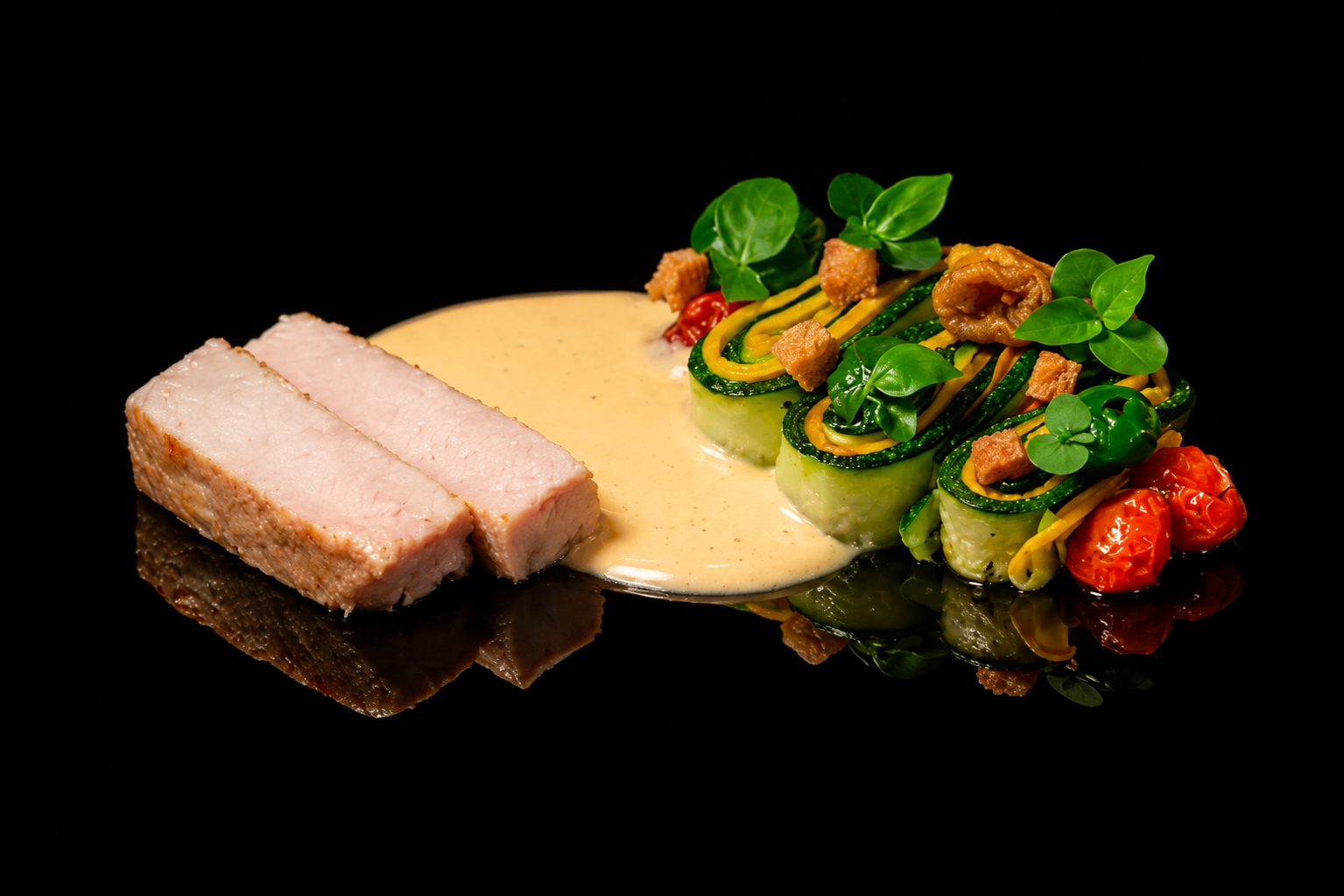 Assiette de viande de porc avec légumes roulés, garnie de microgreens, servie avec une sauce crème.