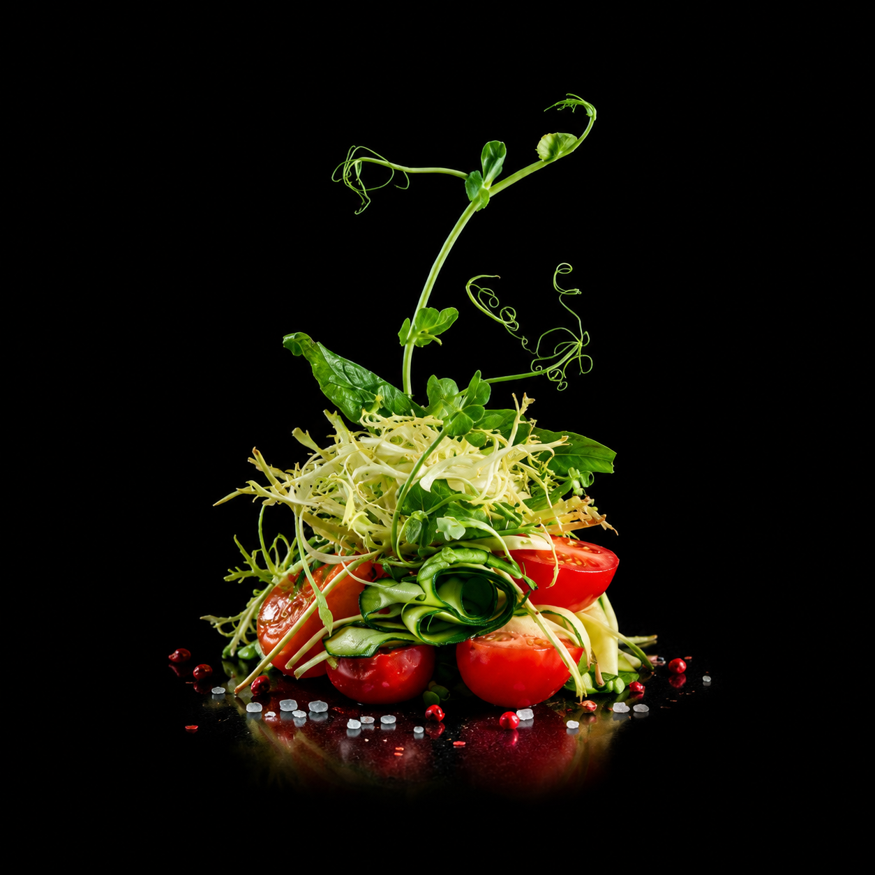 Salade végétale dans une composition artistique avec des tomates cerises, du chou, des feuilles vertes et des germes, sur fond noir.