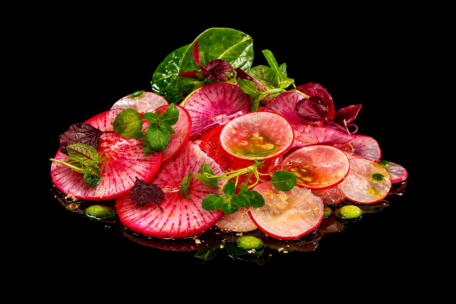 Une assiette de tranches de radis roses et blancs avec des feuilles vertes, sur fond noir.