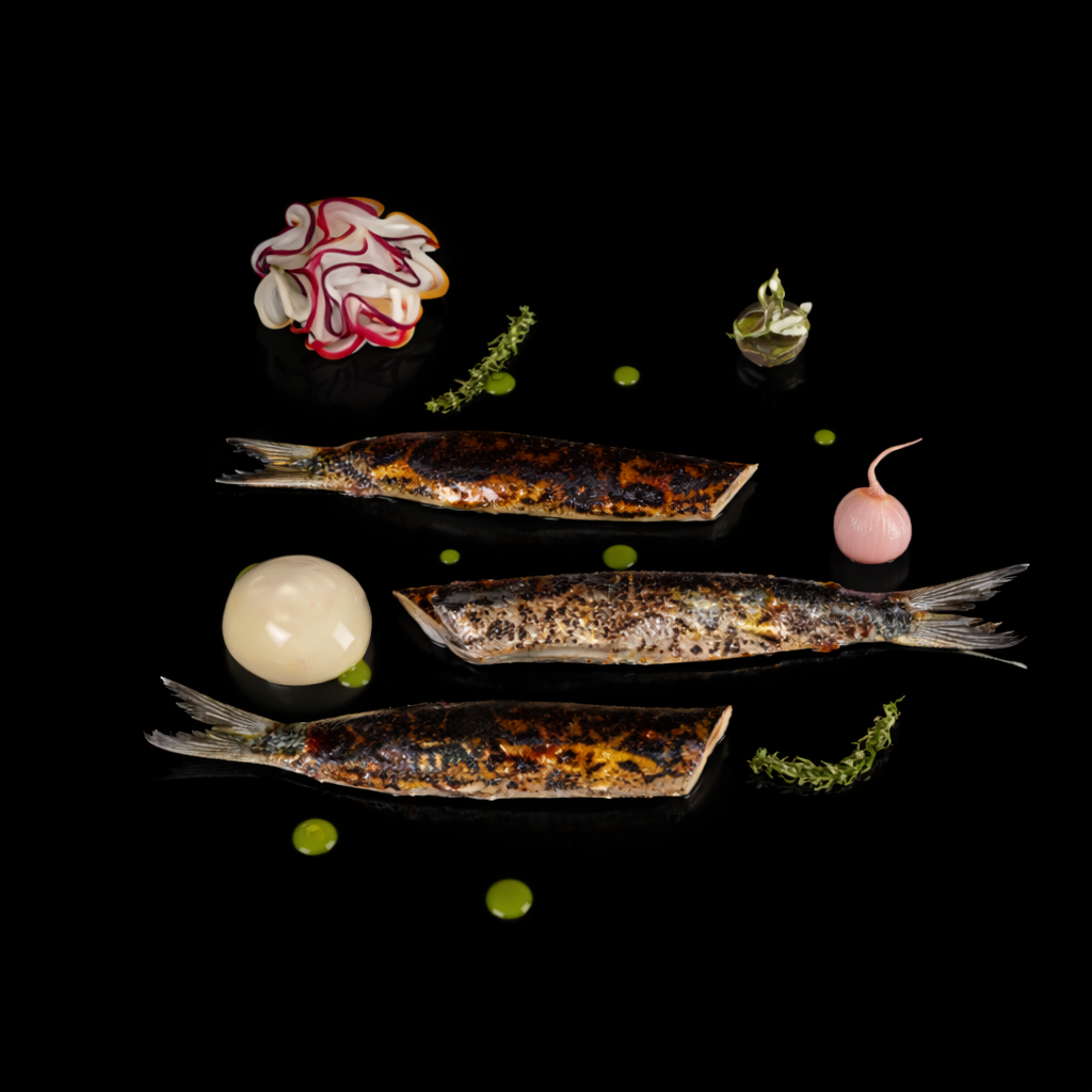 Assortiment de poissons avec légumes et sauces sur fond noir