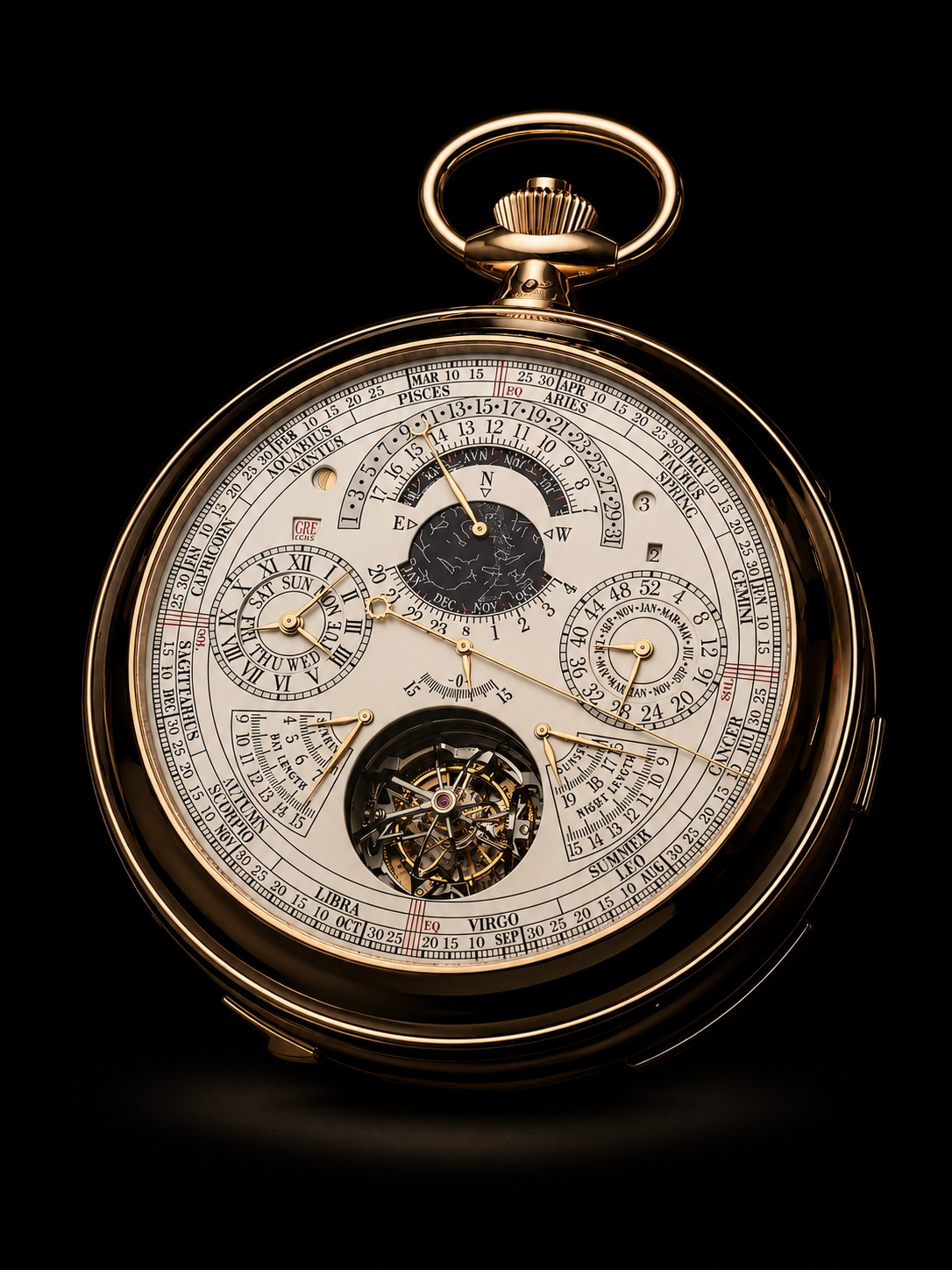 Montre de poche ornée de multiples cadrans montrant l'heure, la date, le jour de la semaine, le mois, l'année et les signes astrologiques, avec un mécanisme à tourbillon visible en bas.