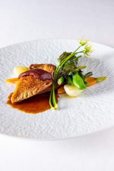 Poisson cuit avec légumes et sauce, présenté de manière élégante sur une assiette blanche.