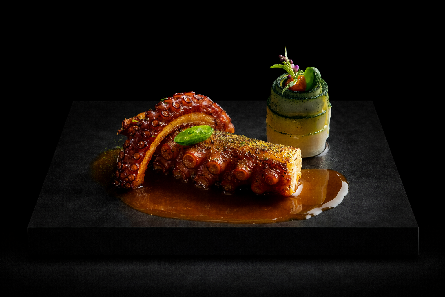 Plat de pieuvre en sauce avec une garniture de basilic, accompagnée d'une coupe de légumes fins et décoratifs.