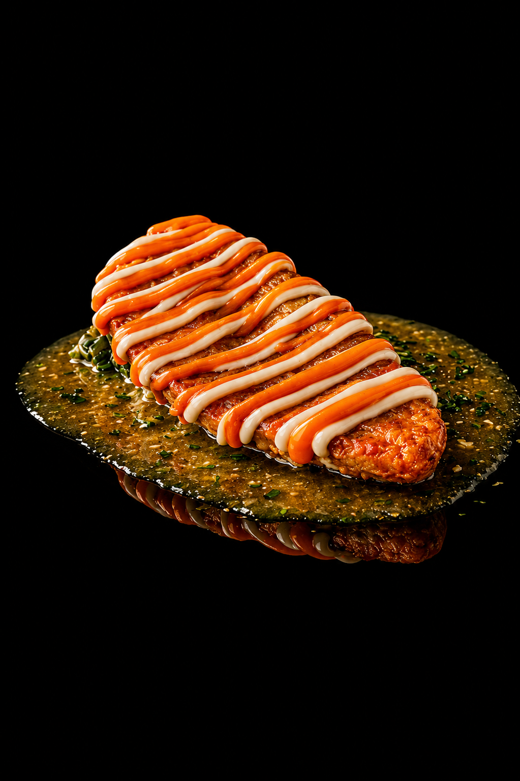 Un sushi roulé garni de mayonnaise et de sauce au ketchup, posé sur une feuille d'algue. Fond noir.