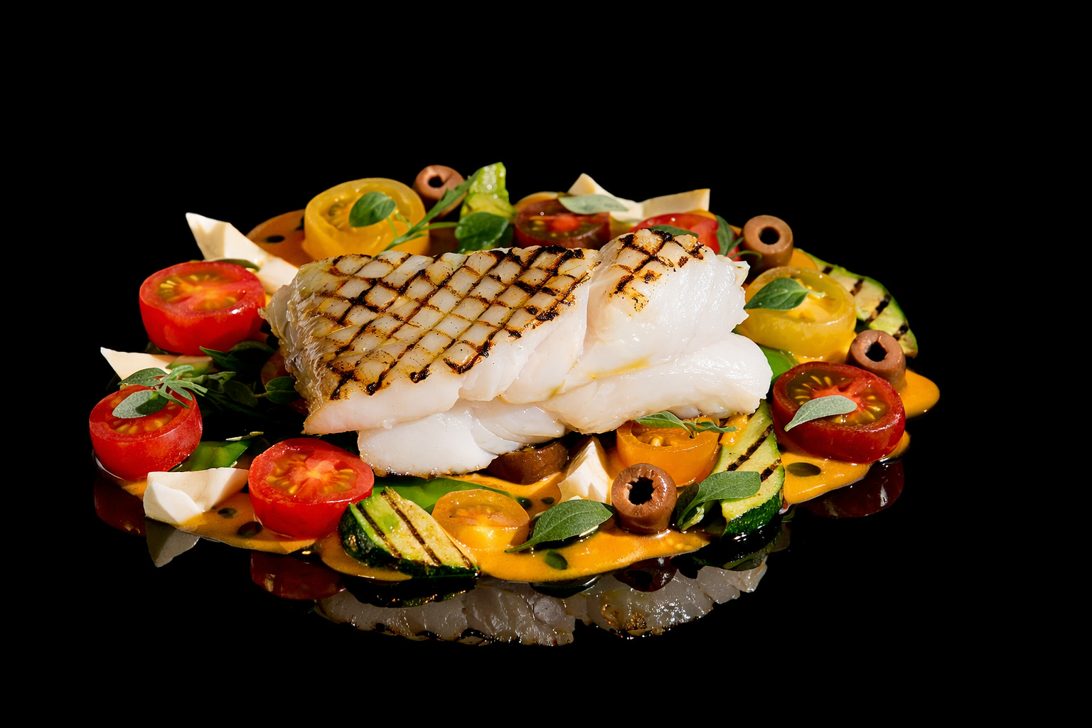 Poisson blanc grillé sur un lit de légumes et de tomates cerises, avec des olives noires et des feuilles de basilic, présenté sur un fond noir.