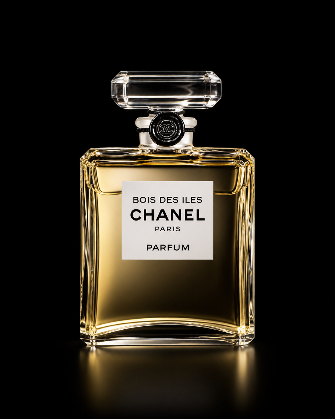 Une bouteille de parfum Chanel Bois des Iles, avec un étiquette blanc, fond noir, mettant en valeur le flacon en verre avec un liquide doré, et le bouchon en cristal.