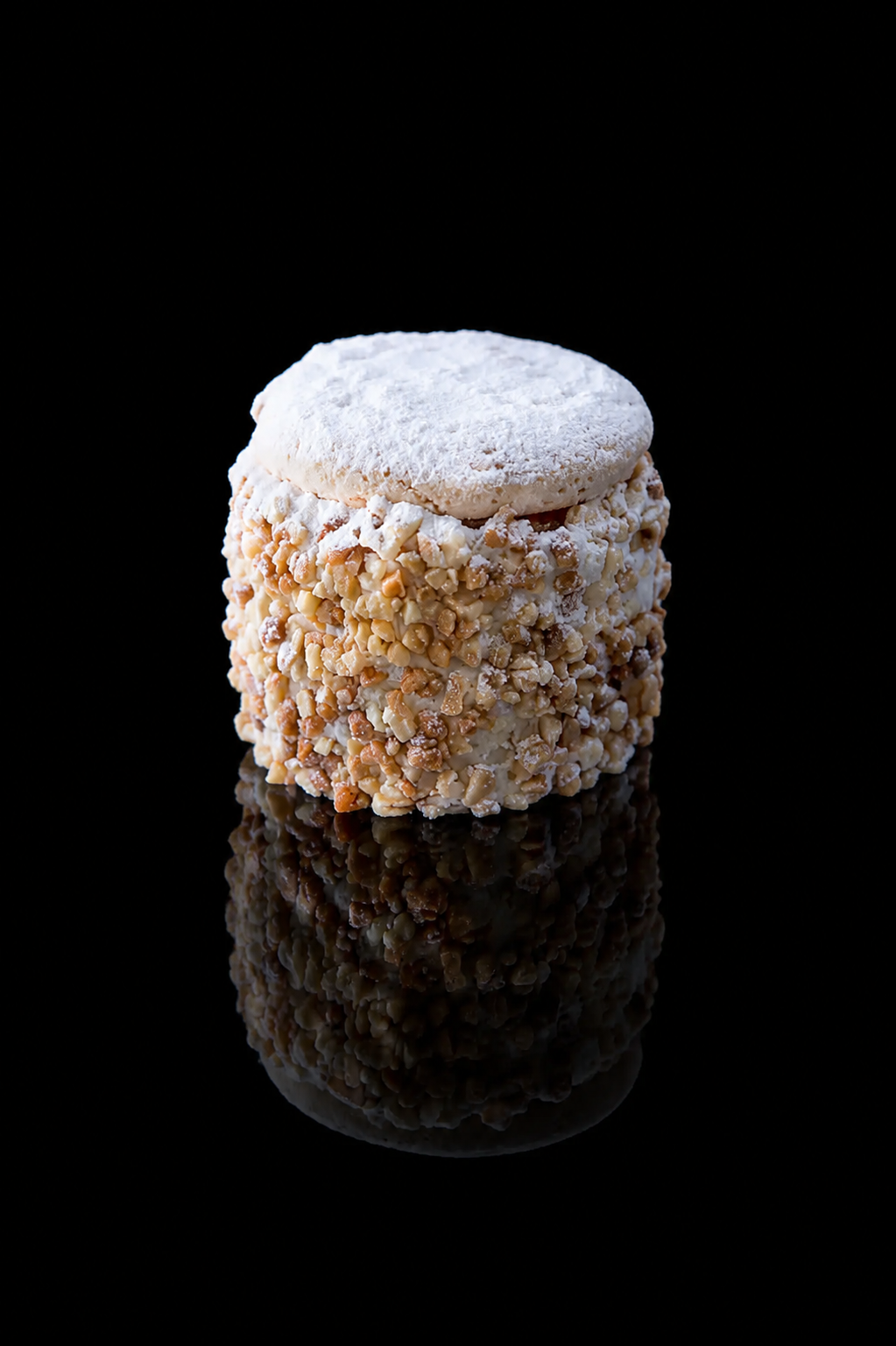 Un biscuit rond recouvert de noix hachées, avec une couche de sucre glace sur le dessus, placé sur une surface réfléchissante noire.