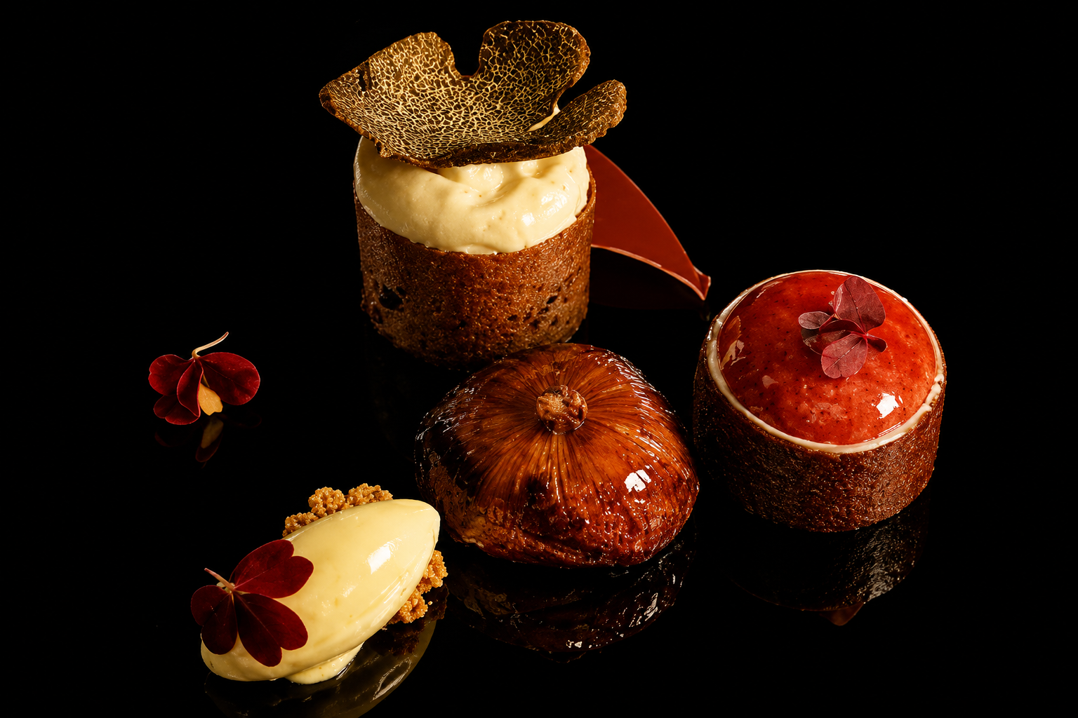 Assortiment de desserts élégants présentés sur un fond noir