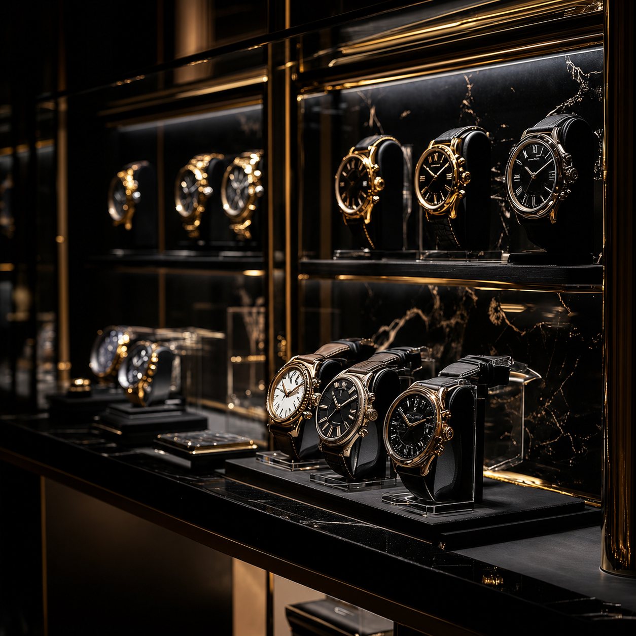 Vitrine de montres de luxe en or et en cuir dans un magasin haut de gamme