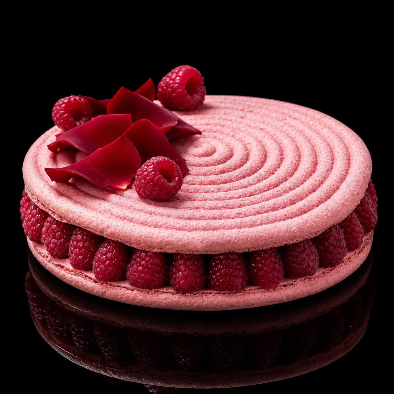 Gâteau rose décoré de framboises, de feuilles de chocolat rouge et de macarons, posé sur une surface noire.