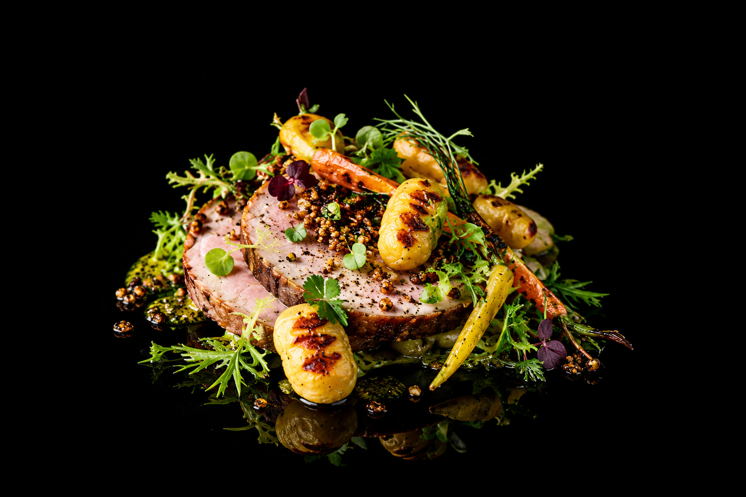 Une assiette de viande rôtie garnie de légumes grillés et de microgreens, présenté sur un fond noir.