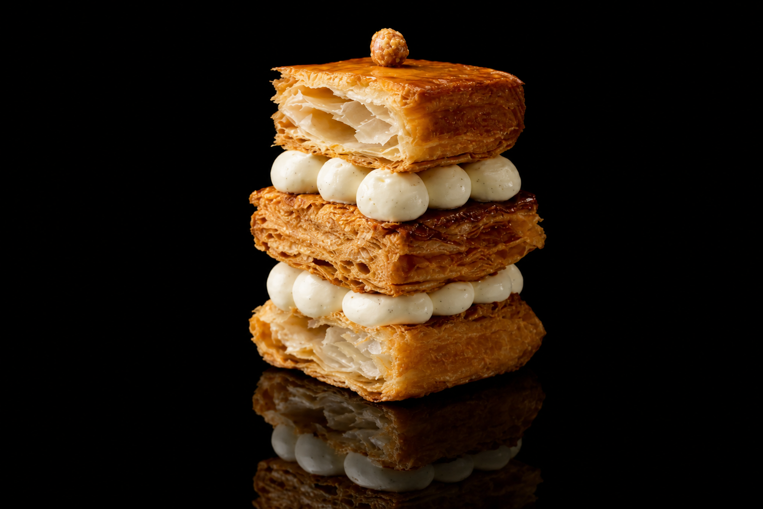 Une pâtisserie composée de couches de pâte feuilletée, crème blanche et caramel, avec une petite noix sur le dessus, contre un fond noir.