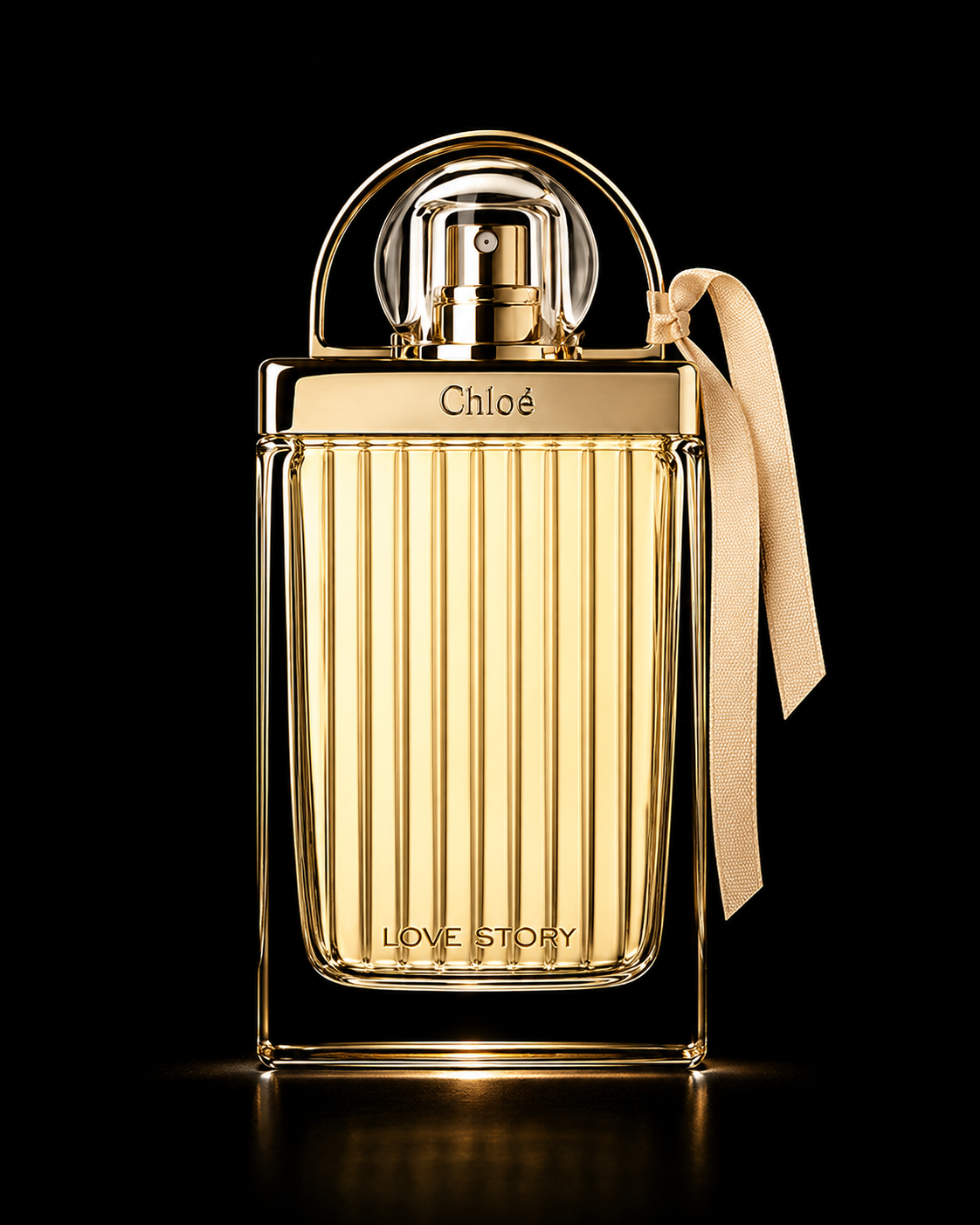 Flacon de parfum doré de la marque Chloé contre un fond noir, avec un ruban beige attaché au couvercle.