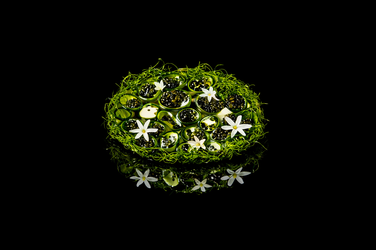 Une composition artistique d'eau, fleurs blanches et plantes vertes dans un récipient, avec un fond noir.