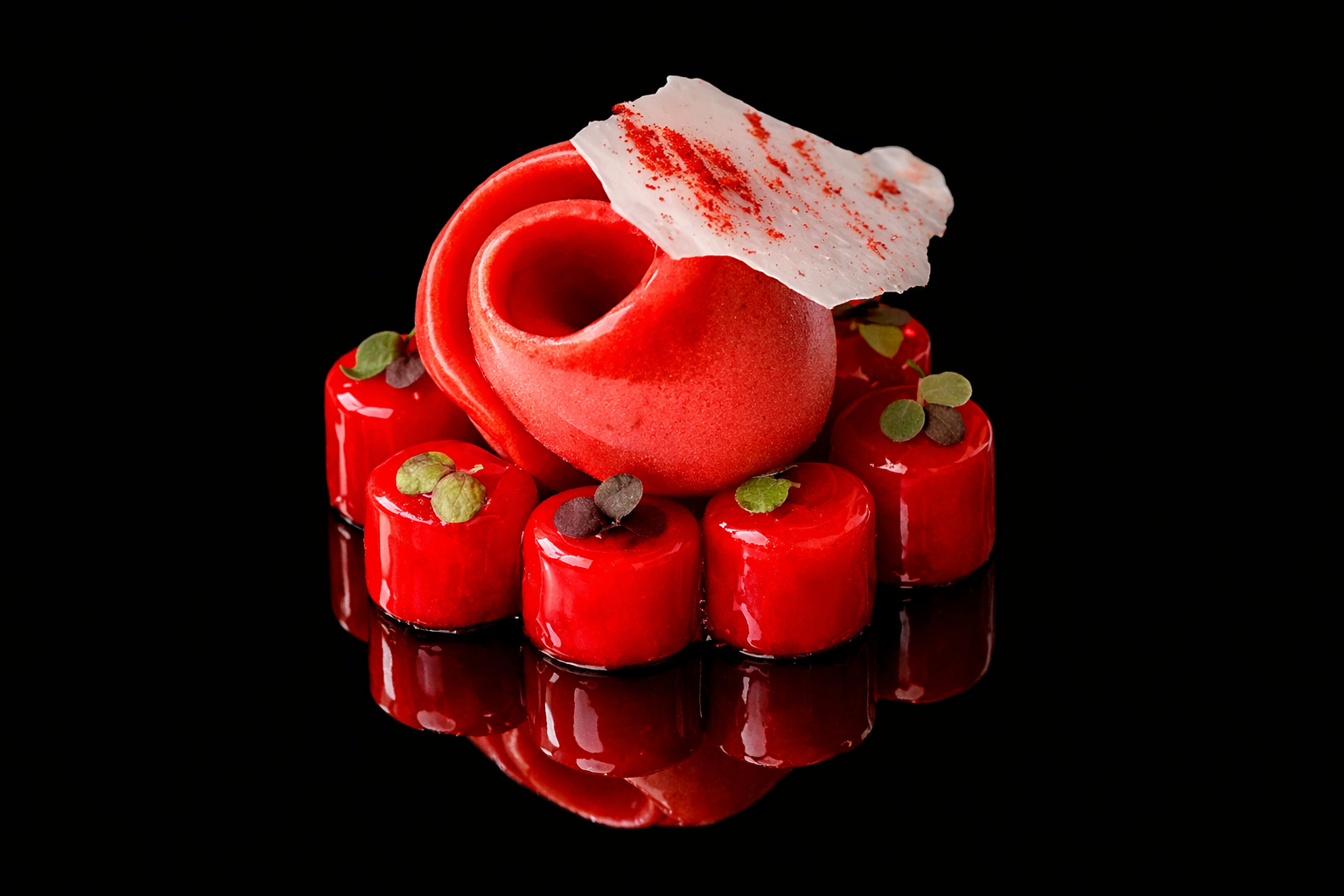 Pâtisserie rouge sophistiquée avec un grand élément rond en forme de coquillage, décorée de fines feuilles vertes et de poudre rouge, posée sur une surface noire brillante.