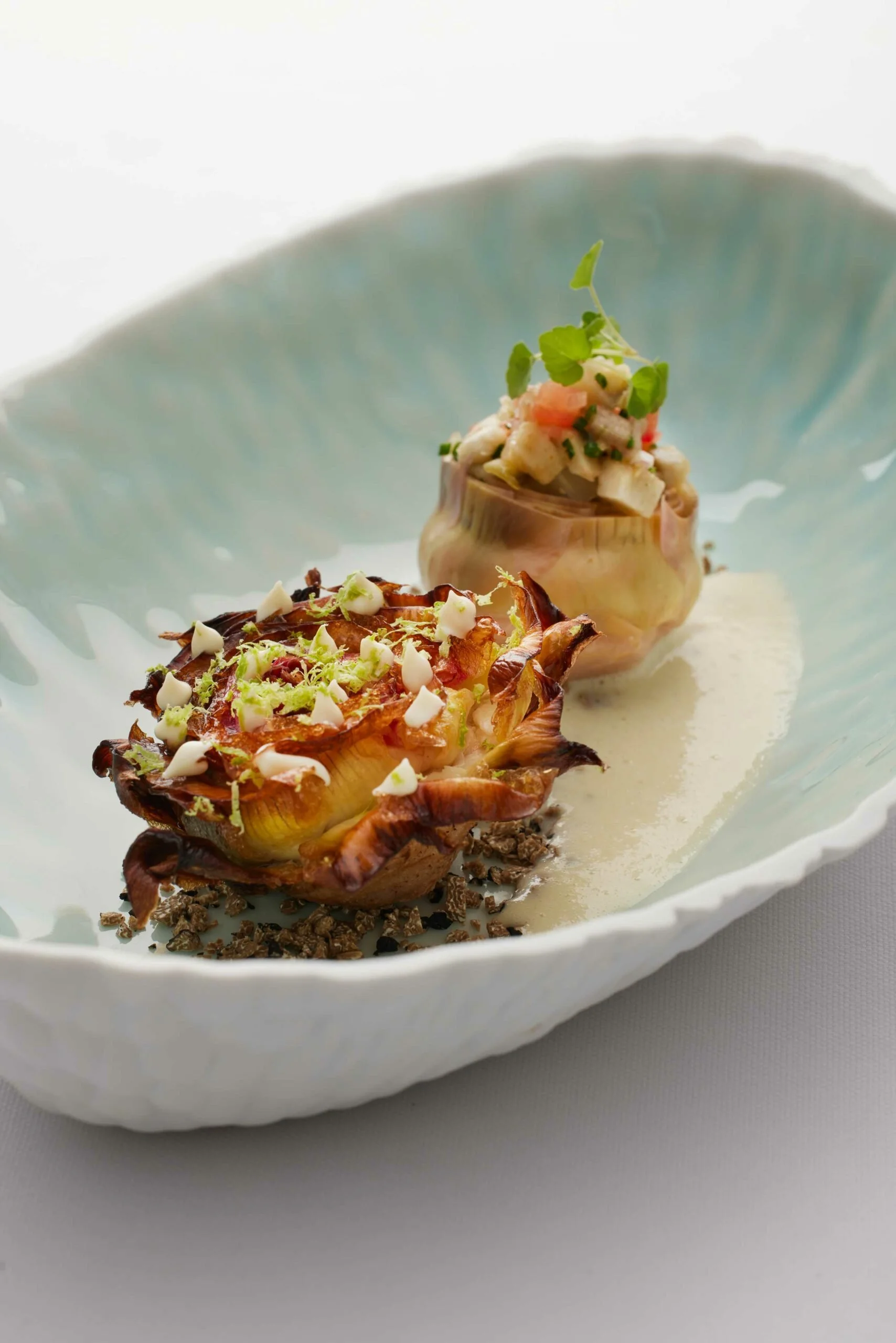 Deux coquilles Saint-Jacques garnies de sauce, servies avec des légumes, sur une assiette blanche
