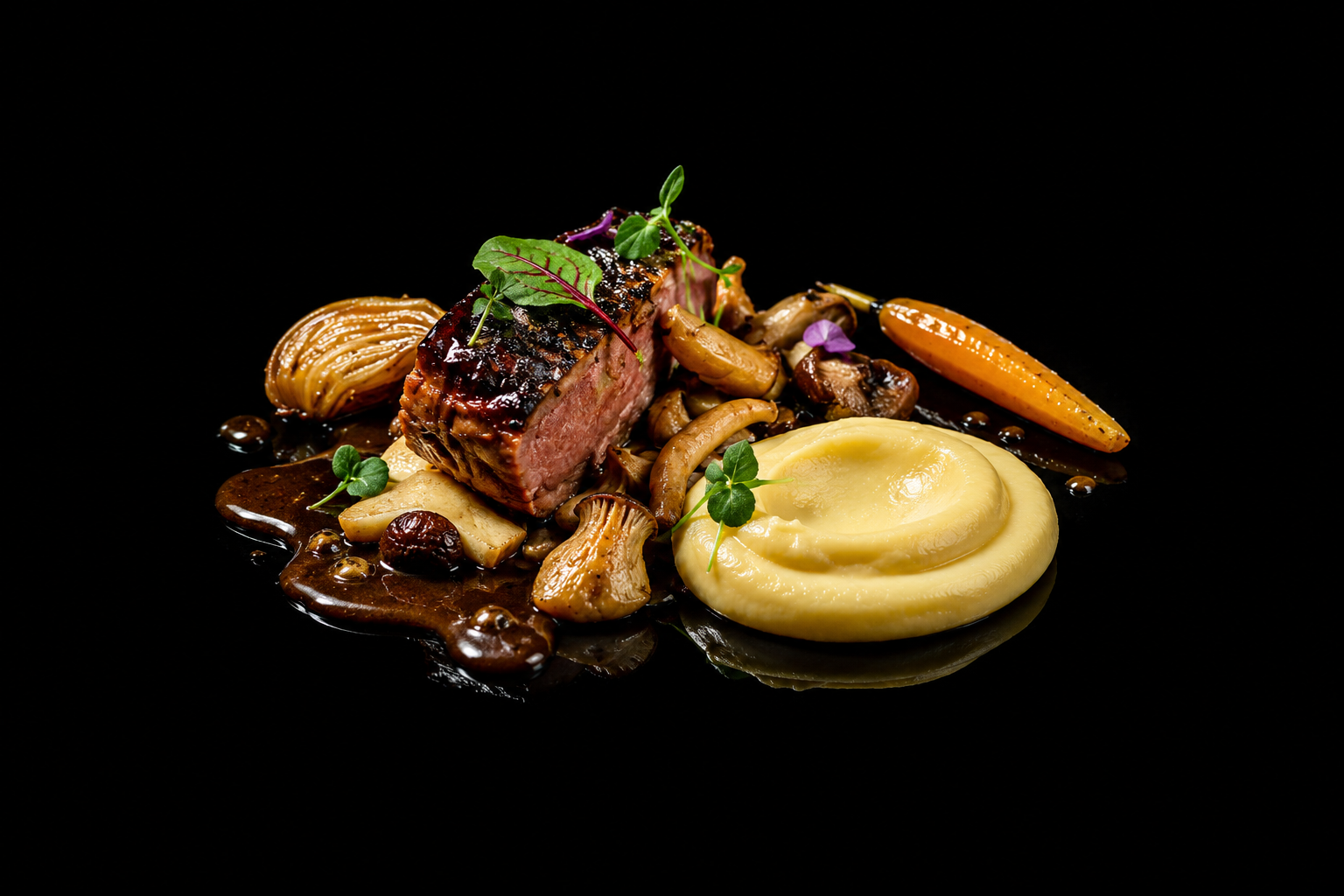 Tournedos de viande avec purée et légumes sautés, dressé sur une surface noire.