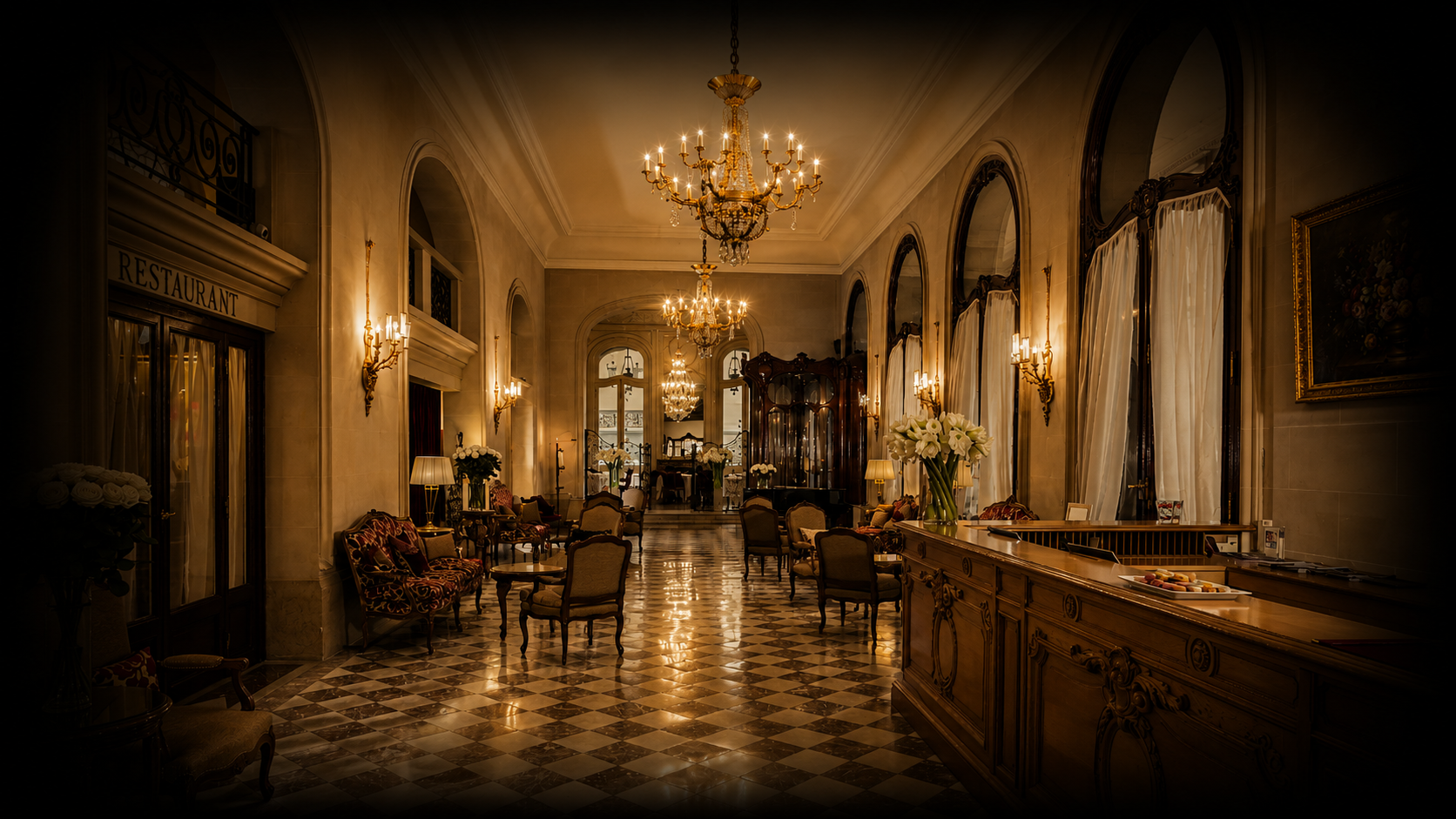 Hall luxueux avec lustres chandeliers, fauteuils, tables, grandes fenêtres, rideaux blancs, décoration en bois, mur peint, fleurs blanches, ambiance chaleureuse et élégante.