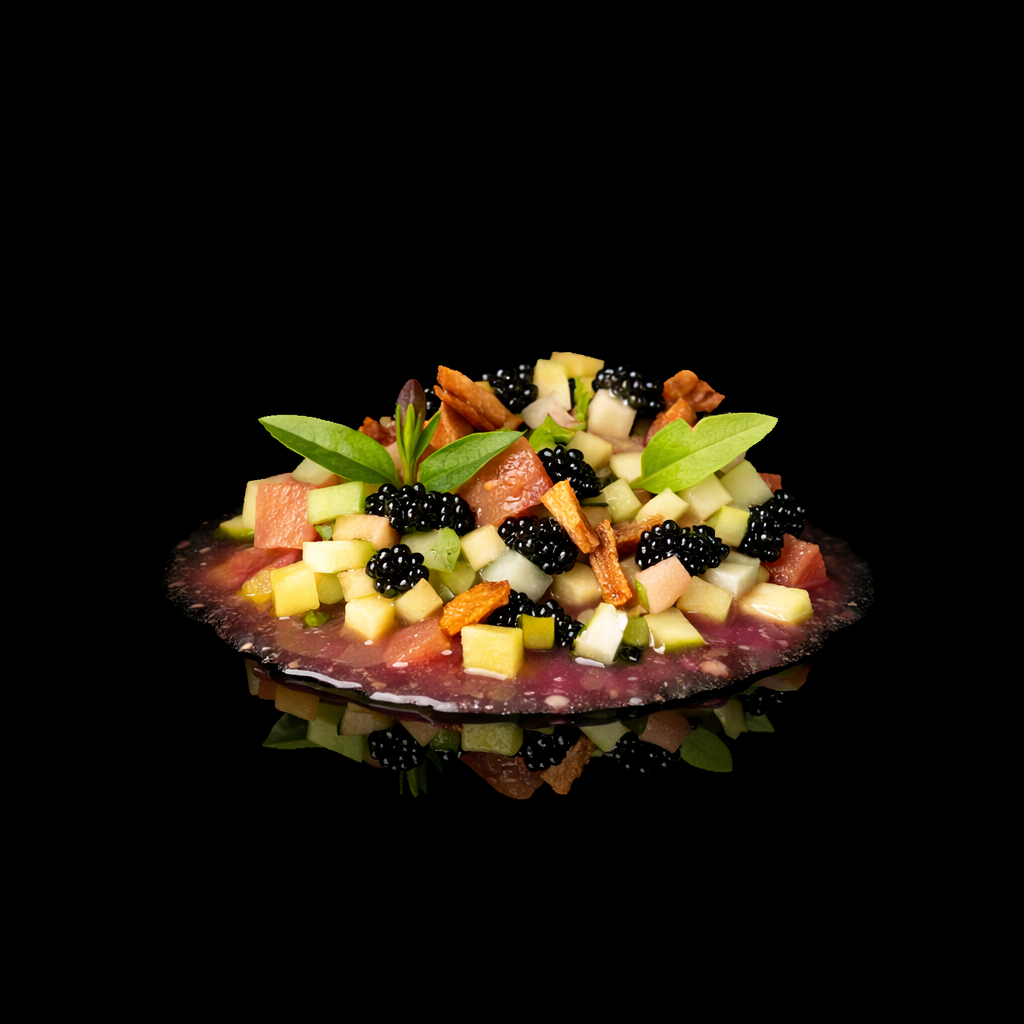 Une assiette de tartare de poisson avec des cubes de poisson, de fruits, et des herbes aromatiques, sur un fond noir.