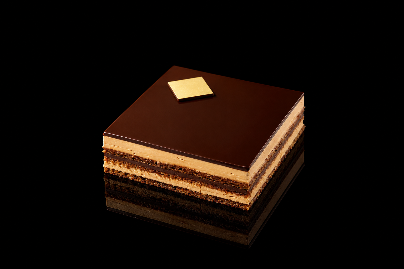 Gâteau au chocolat avec une sauce brillante, décoré d'une petite plaque dorée, sur fond noir.