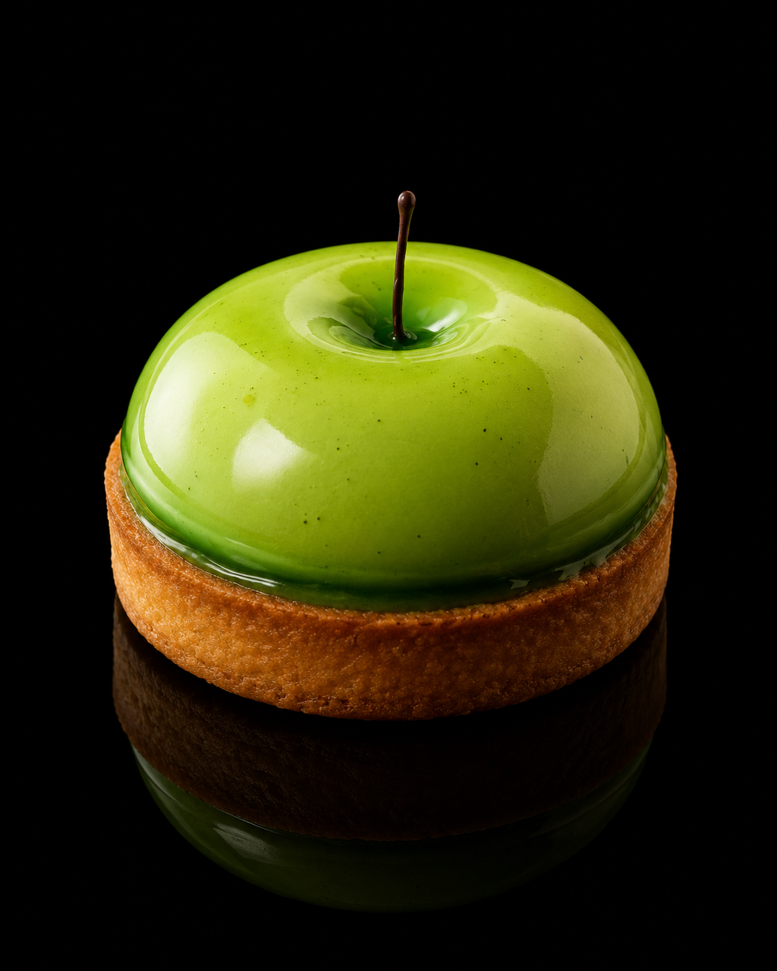 Un gâteau en forme de pomme verte avec un fond noir