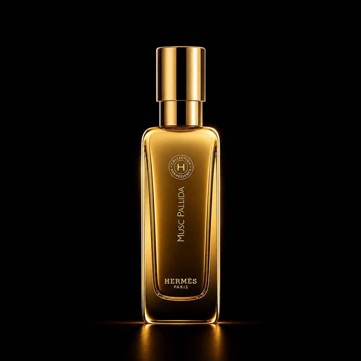 Flacon de parfum Hermès Paris pour la collection 'Musc Pallida', de couleur or avec un fond noir.