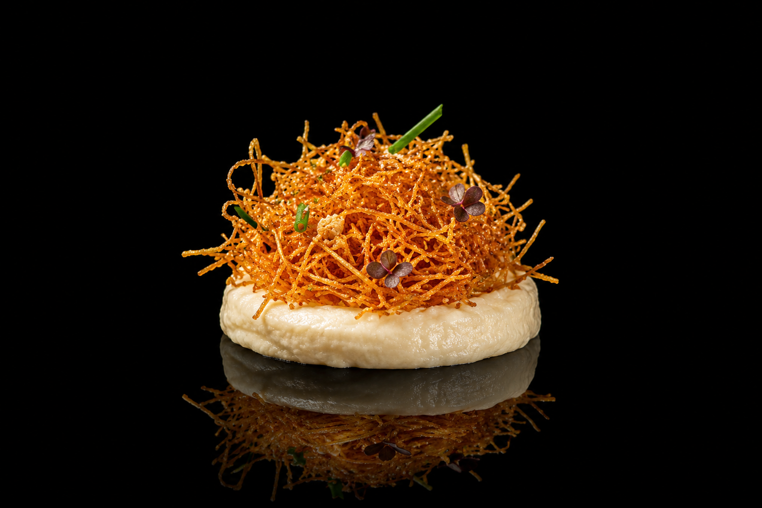 Plat gastronomique avec un lit de purée, garniture de fines tuiles croustillantes garnies de micro-pousses, sur un fond noir reflété.