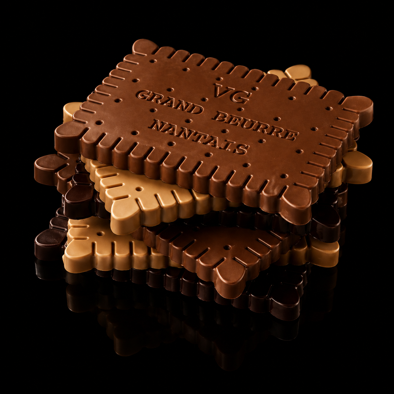 Barres de chocolat en forme de boîte de beurre avec inscriptions en français, empilées sur une surface noire refletante.