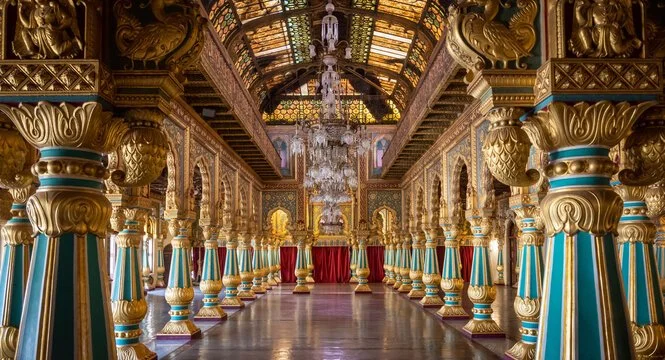 Une salle grandiose décorée de colonnes ornées en bleu et or, avec un plafond en verre coloré et un grand chandelier suspendu, évoquant un style royal ou cérémonial.