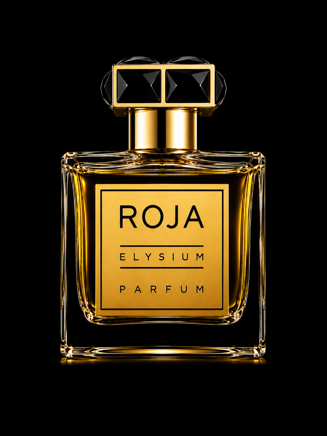 Une bouteille de parfum ornementée sur fond noir.
