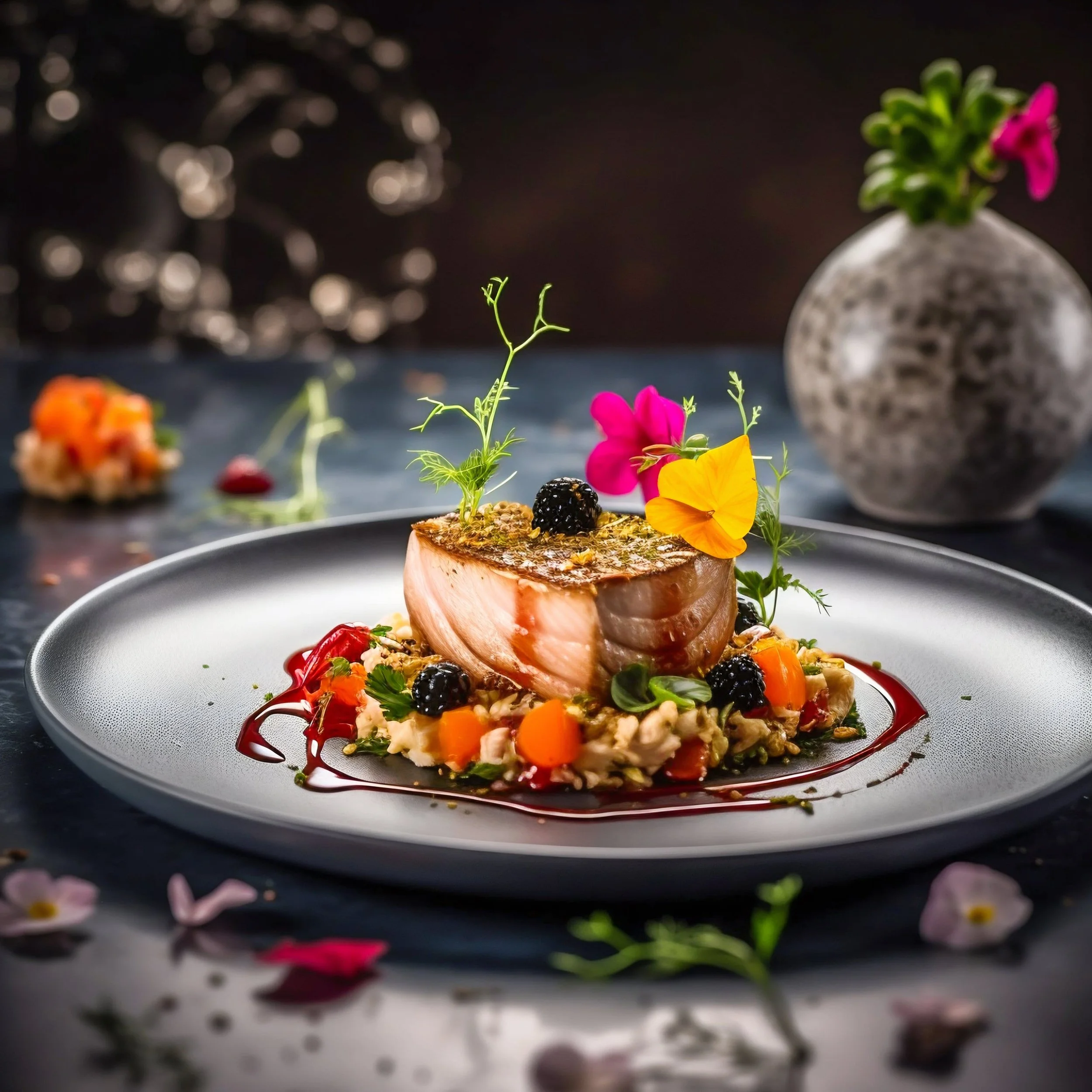 Plat de gastronomie avec un morceau de poisson accompagné de légumes, de berries et de fleurs comestibles sur une assiette noire élégante, décoration florale en arrière-plan.