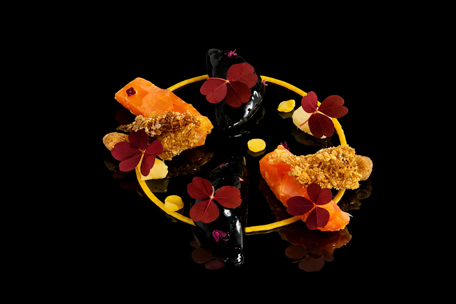 Une présentation gastronomique moderne avec du saumon, des éléments croustillants, des feuilles rouges, et une décoration minimale sur fond noir.