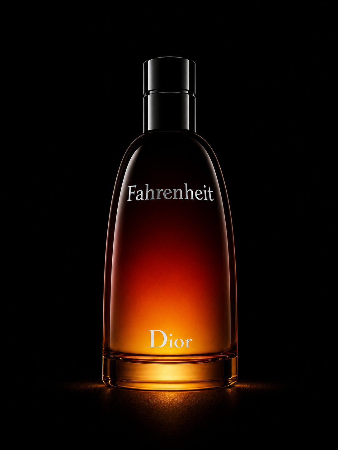 Flacon de parfum Dior Fahrenheit avec un dégradé de couleurs chaudes sur fond noir.