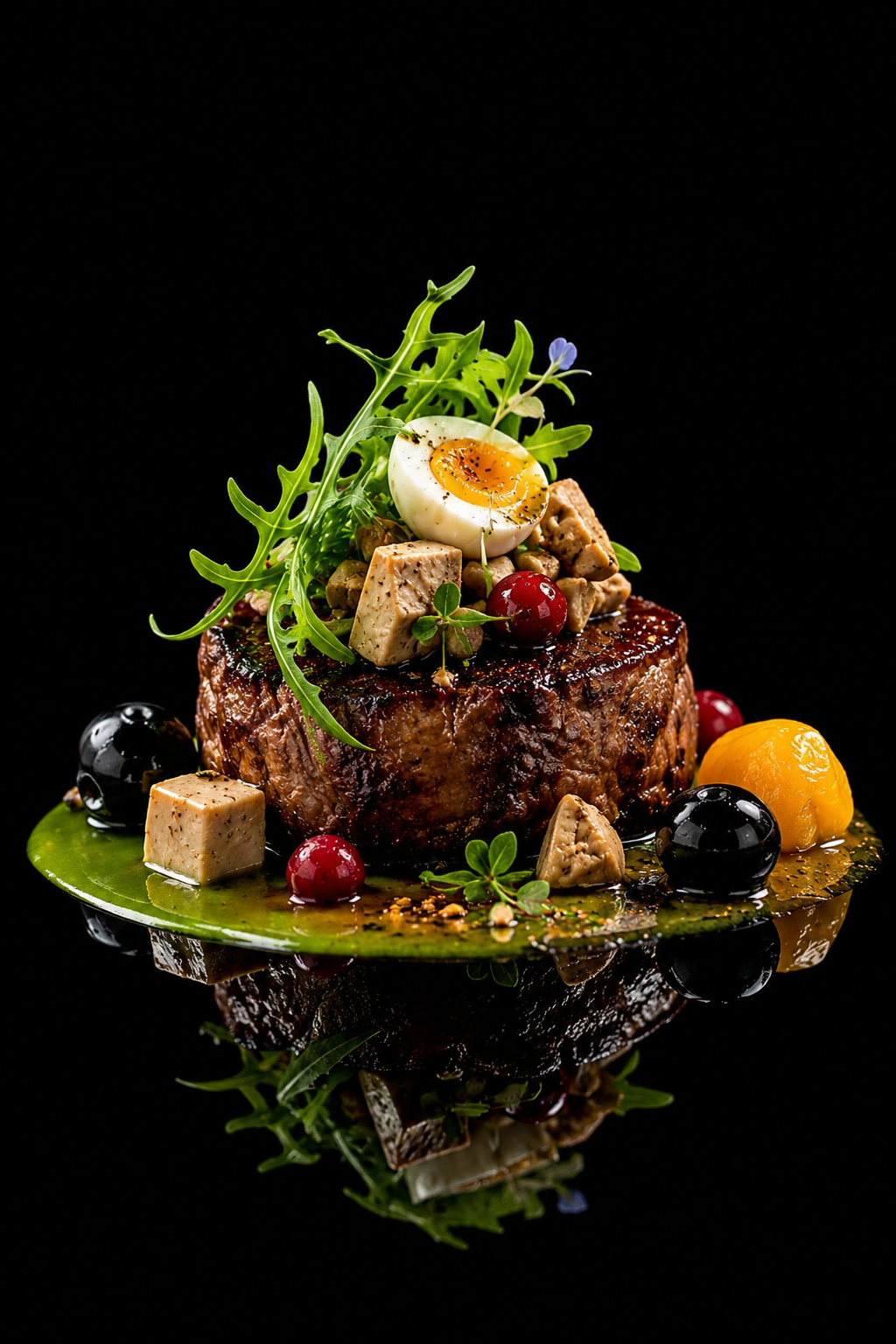 Une fine pièce de viande garnie de légumes, œuf à la coque, herbes, petits cubes de fromage, baies rouges et noires, sur une assiette verte, avec une sauce colorée, sur un fond noir.