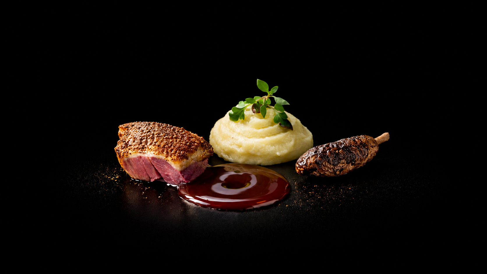 Gastronomie avec un morceau de viande, purée de pommes de terre, et un champignon farci, présenté de manière élégante sur fond noir.