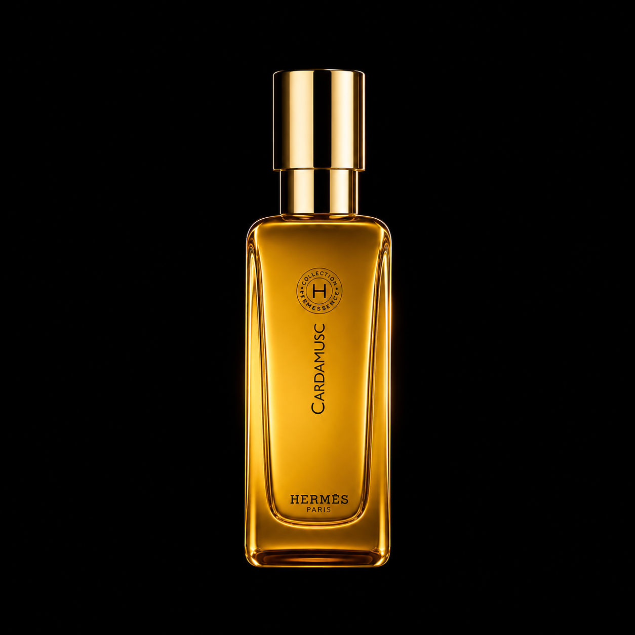 Flacon de parfum orné du logo Hermes, contenant un liquide doré, sur fond noir