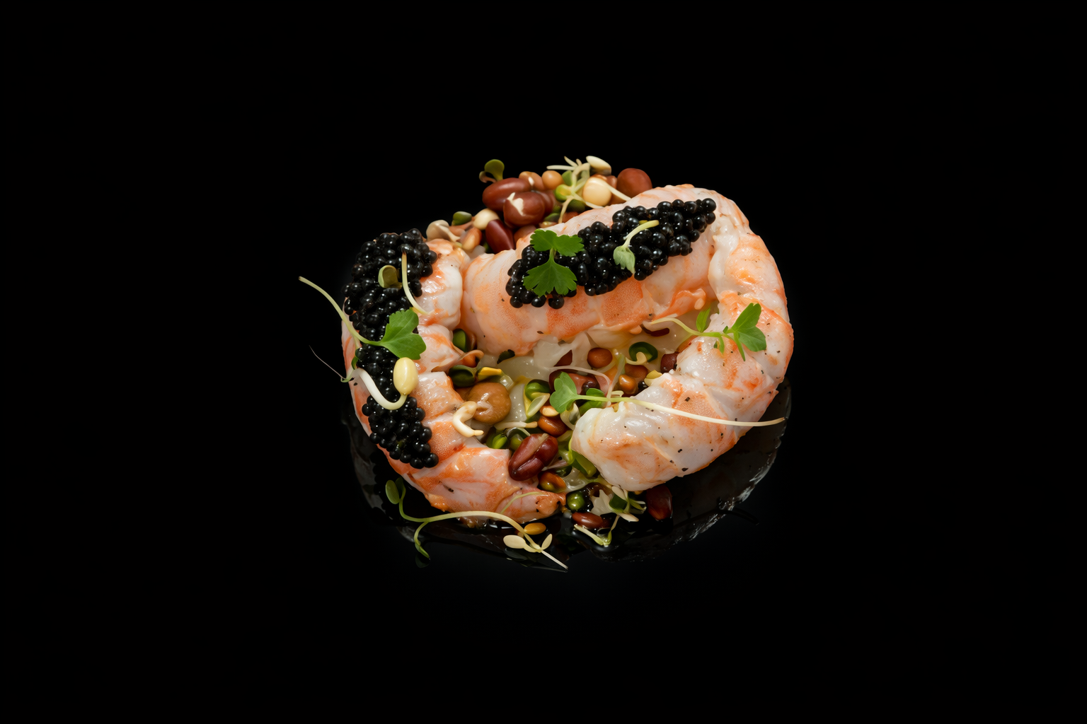 Une assiette de crevettes accompagnée de caviar, de jeunes pousses et de graines sur un fond noir.