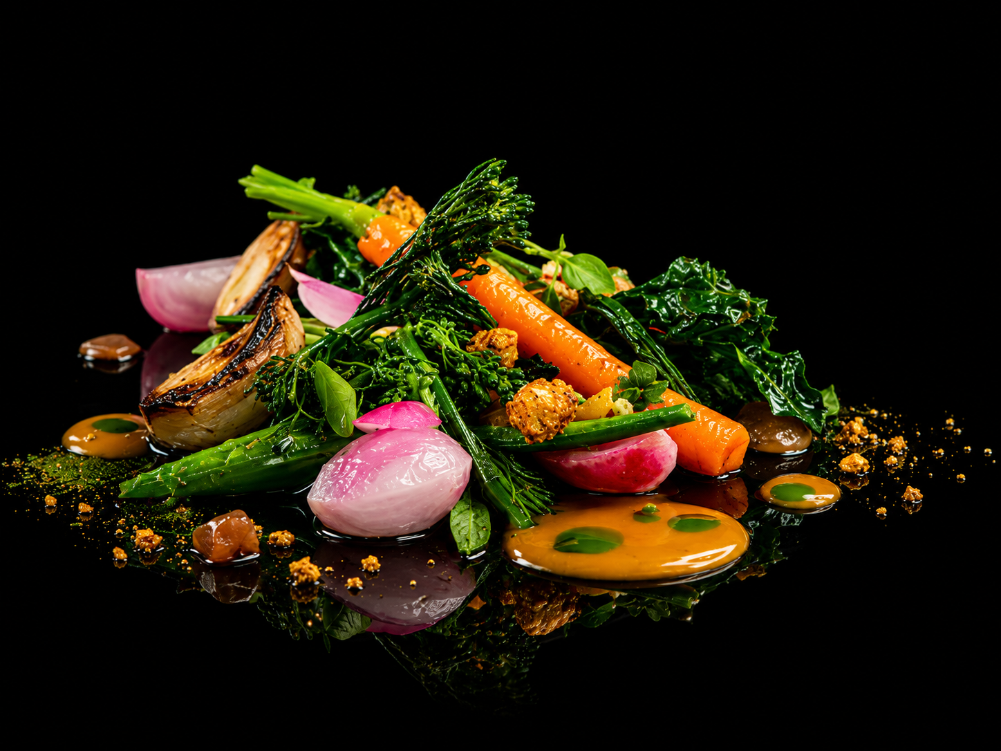 Assiette avec légumes grillés et sauce sur fond noir.
