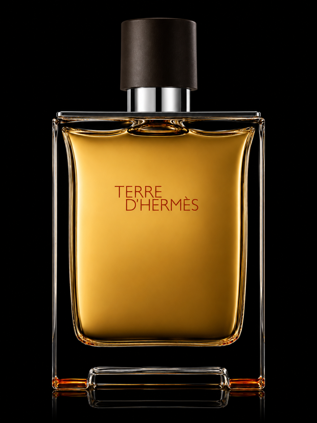 Flacon de parfum noir et doré avec inscription « Terre d'Hermès » sur fond noir.
