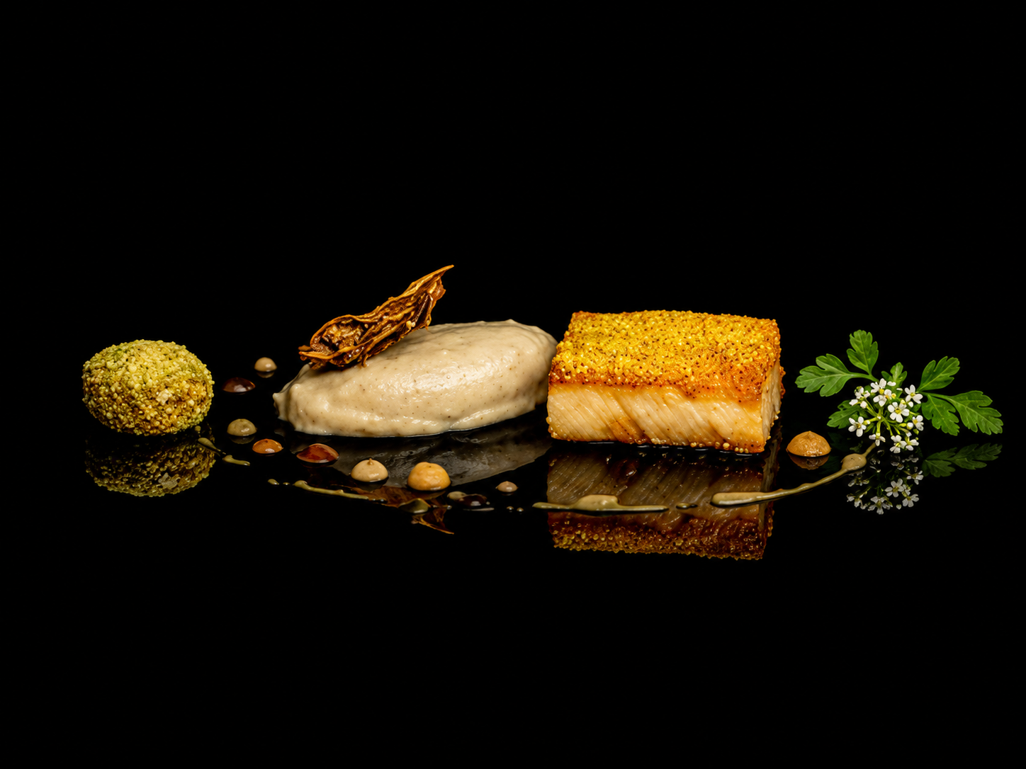 Assiette gastronomique avec un pavé de saumon grillé, une purée, une tranche de visage et une décoration floral verte et blanche sur fond noir.