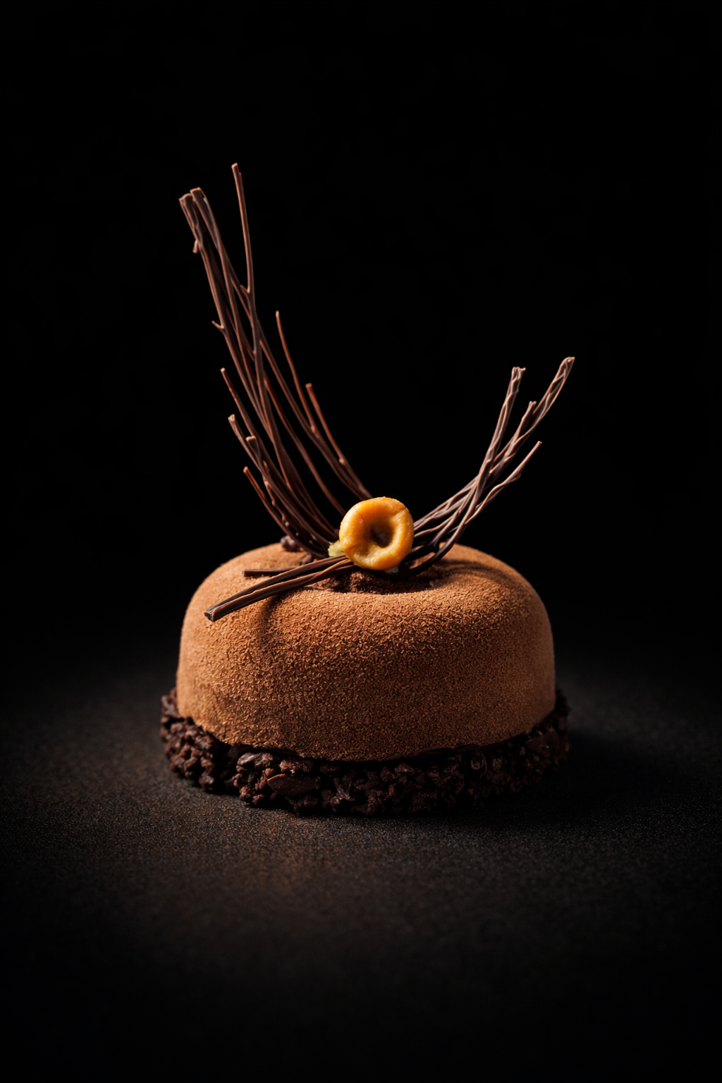 Gâteau au chocolat décoré de chocolat en filaments, un petit biscuit et une fine couche de cacao en poudre, présenté sur un fond noir.