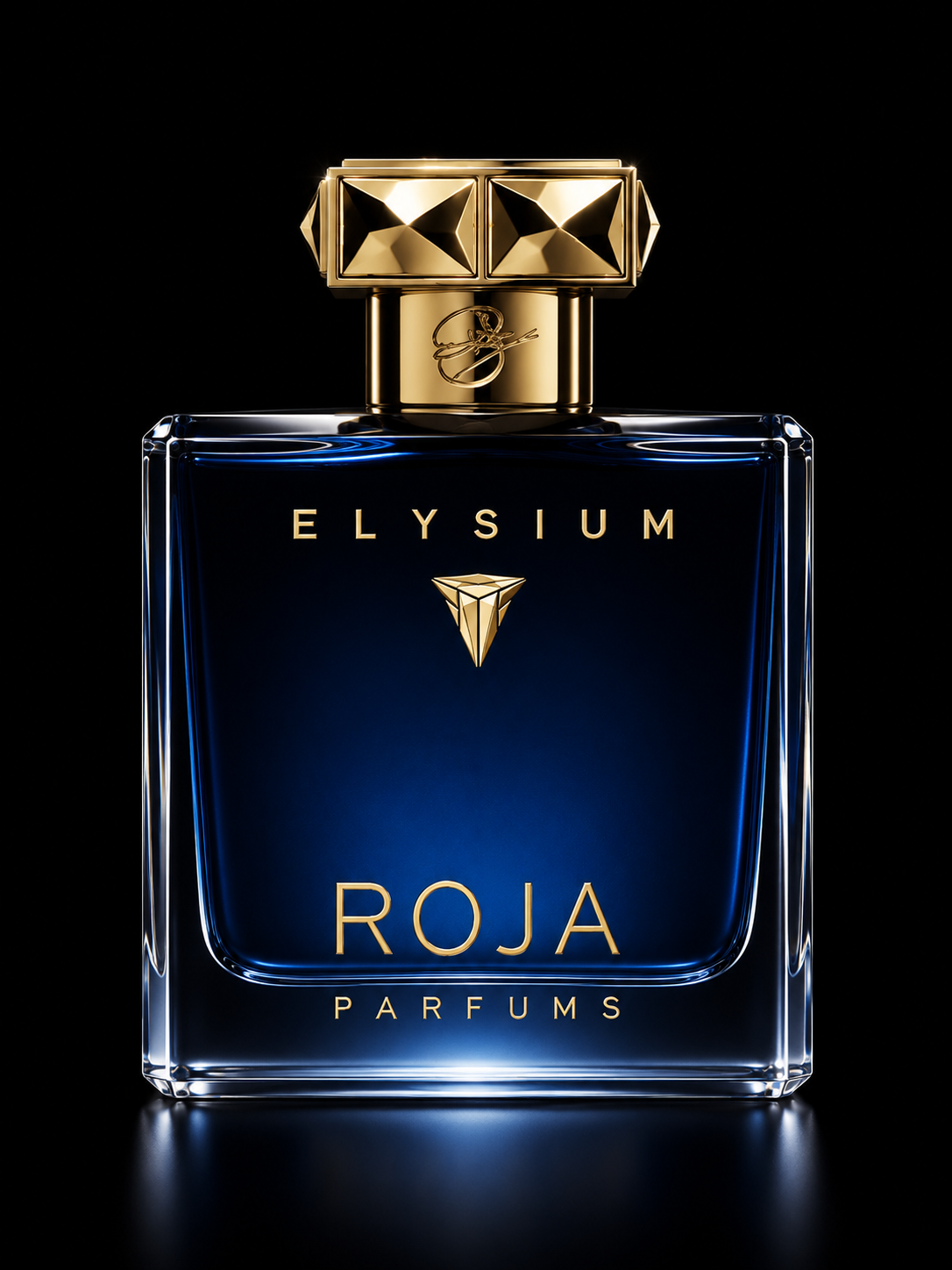 Flacon de parfum bleu foncé avec des accents dorés, étiquette 'ELYSIUM', et nom 'ROJA PARFUMS' en bas, sur fond noir.