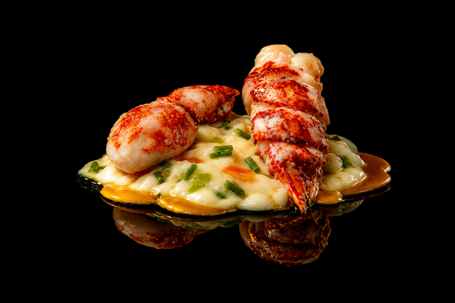 Crustacés (langouste ou homard) sur un lit de sauce béchamel avec des herbes, présenté sur une assiette noire